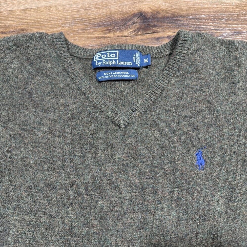 Polo Ralph Lauren Men's MEDIUM Sweater Green V-Neck Pullover Knit Lambswool - Picture 6 of 12